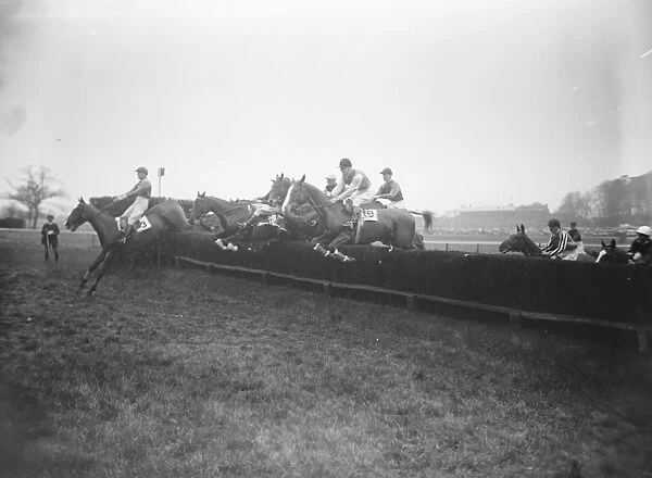 Grand military meeting at Sandown Park Some of the field taking one of the jumps