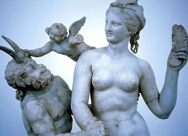 Greek Mythology. Venus, Cupid and Pan. Ancient greek statuary of Venus, Cupid