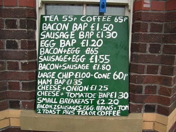 Handwritten breakfast menu on a board outside a cafe, Rhyl, Denbighshire, North Wales