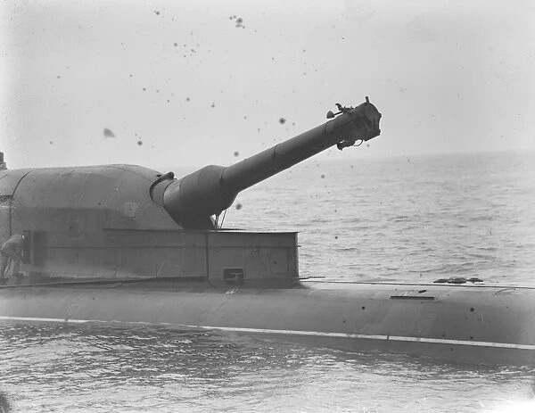 HMS Submarine No 3 During her sea trials in the North Sea. Her 12 inch gun is