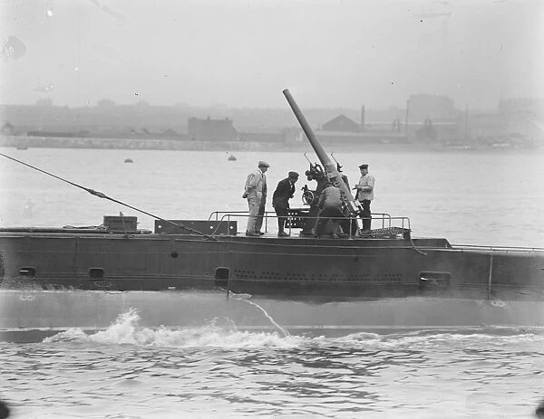HMS Submarine No 3 Showing the gun crew of the M 3 testing the 3 inch anti aircraft