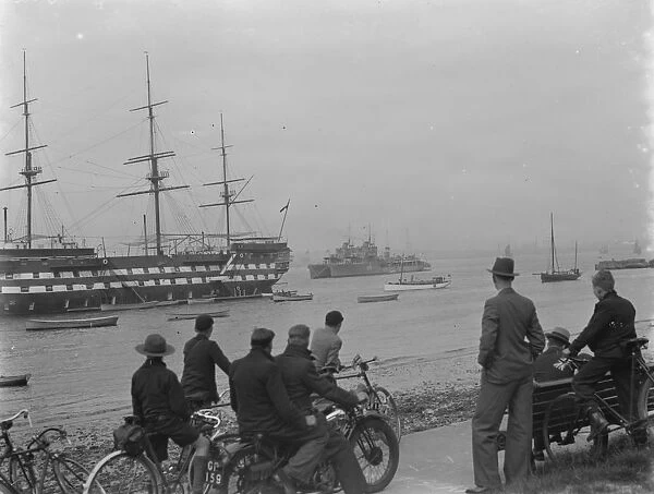The Home Fleet on the river Thames at Greenhithe, Kent. On the left is HMS Worcester