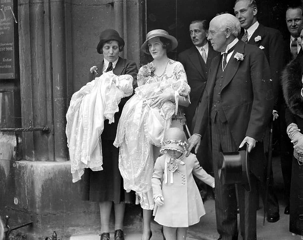Hon Mrs Edward Barford at christening of her twins at St Margarets, Westminster
