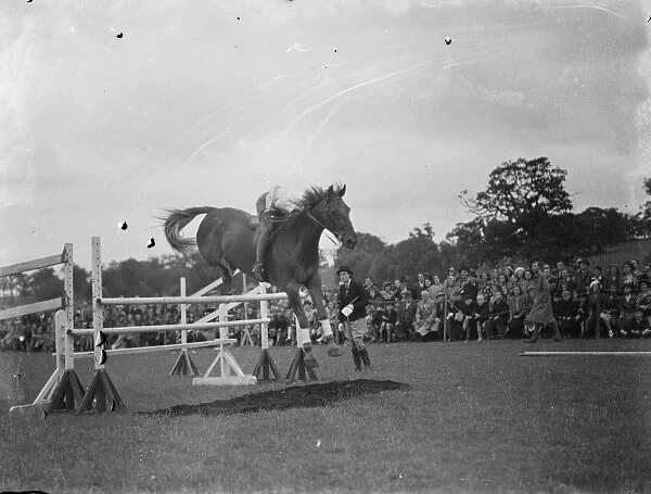 Horse jumping at the Bexleyheath Gala in Kent. A competitor make a jump