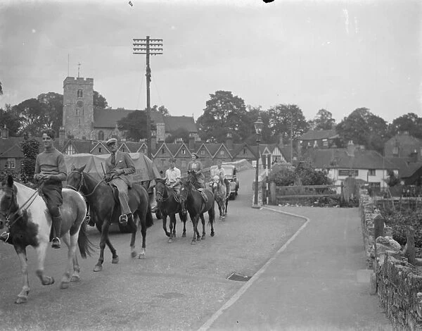 Horse riders riding over the Aylesford Bridge, Surrey. 1938