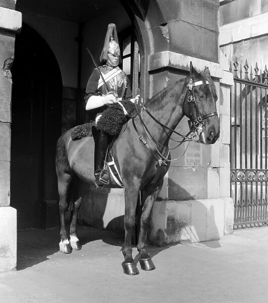 Horseguard on sentry duty outside Horse Guards Parade, Whitehall, London, England