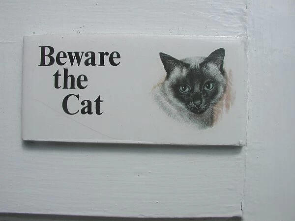 Humorous ceramic sign on a front door outside a house warning: Beware the Cat, Canterbury