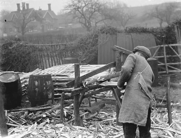 Hurdle making in Cuxton, Kent. Splitting the wood. 1937