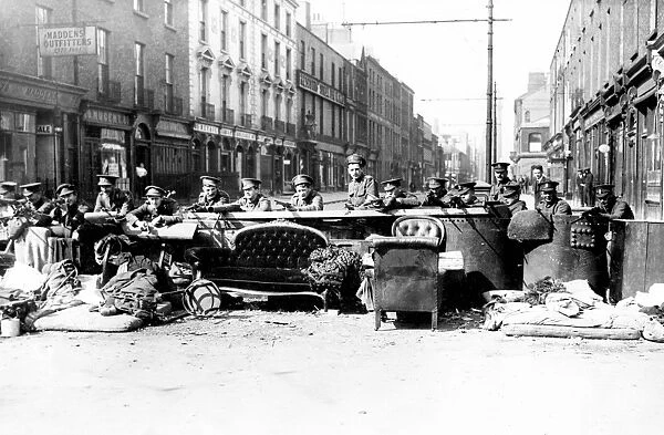 Irish Rebellion, 1916. OPS troops manning barricades across Talbot Street, Dublin