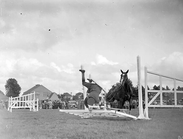 Show Jumping at Westerham Show Hall in Kent. A nasty fall. 1934