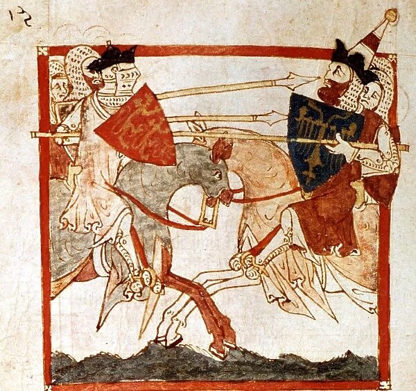 King Arthur fights the Emperor Lucius, 13th century. King Arthur page 48