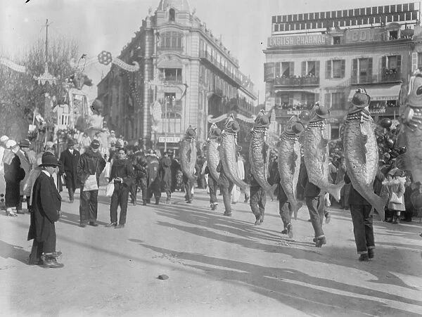 King Carnival at Nice. Curious fish figures in the procession. 26 February 1924