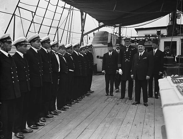 King of Egypt visits HMS Worcester nautical training ship at Greenhithe. King Fuad on board