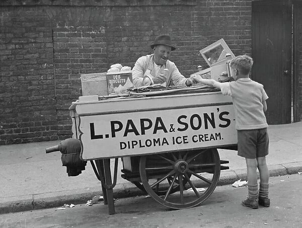 L Papa and Sons ice cream vendor in Gravesend, Kent. 1939