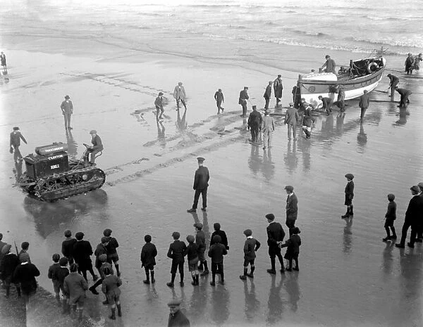 Launching the Lifeboat at Worthing West Sussex by Motor Tractor. 1920s 1930s