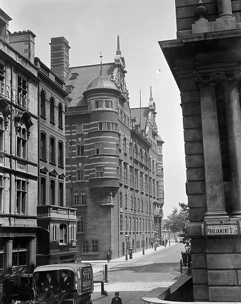 London street scene. The Norman Shaw Buildings seen from Parliament Street into Derby Gate