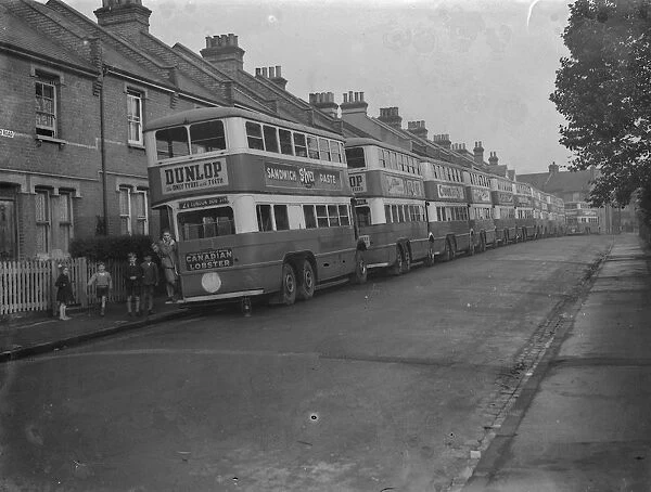 London Transport buses parked in a side street in Sidcup, Kent. 1939