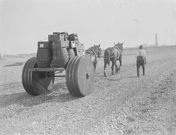 A man with his horse team pulling barrels across the shingle at Dungeness in Kent