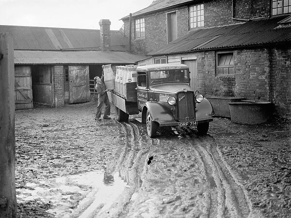 Milk churns being loaded in a muddy farmyard onto a truck belonging to R Gee and Sons