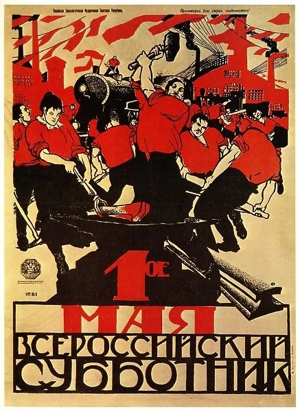 Moor Dmitry - 1st of May, the All-Russian voluntary-work day! Colour lithograph, 1920
