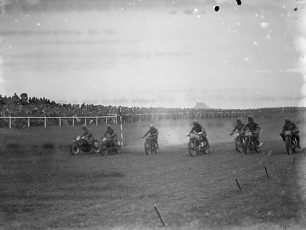 Motor cycling races at Brands Hatch. The start of one of the scrambler races. 1936