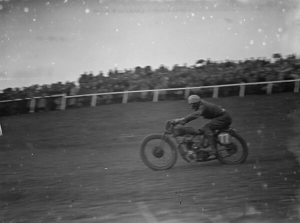 Motor cycling races at Brands Hatch. A scramblers races down the track. 1936