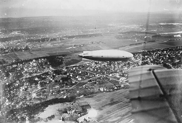 The North Pole airship over Oslo. The Norge airship photographed from an aeroplane