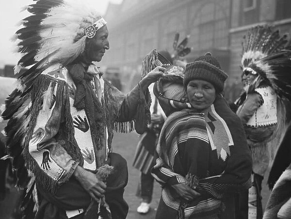 Original caption: Arrival of Red Indians in London. To appear at Olympia Circus