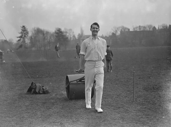 Oxford University Cricket Club Practice P C Kingsley, the team Captain pulls the roller
