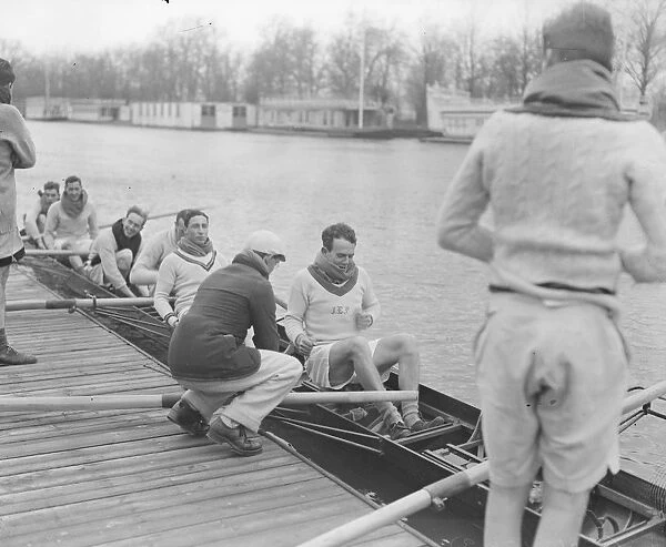 P Pedder, the hero of last years boat race, testing the sliding seat. 17 January 1923