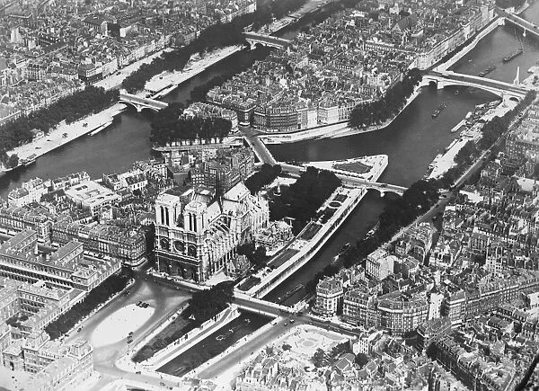 Paris seen from the air. Showing in the foreground, the Ile de la City and Notre Dame