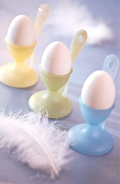 Pastel coloured eggcups with boiled eggs and feather decoration credit: Marie-Louise