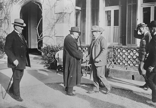 Three Premiers in Golf Match Mr Lloyd George shaking hands with M Briand 11 January