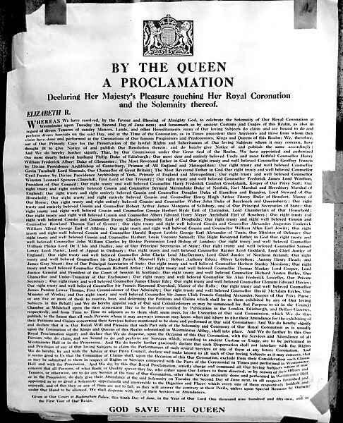 The Proclamation by Queen Elizabeth II announcing Her Royal Coronation date of 2 June 1953