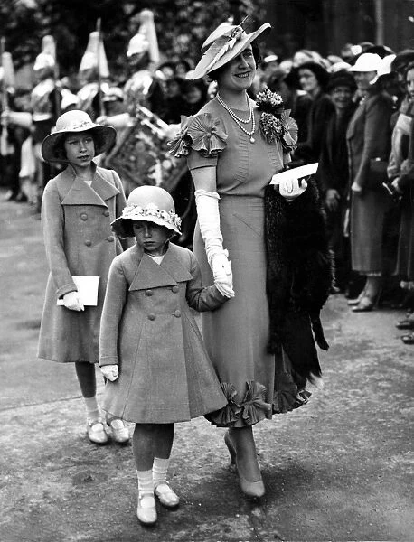 The Queen (as Duchess of York) and her two daughters at the Elphinstone wedding in 1936