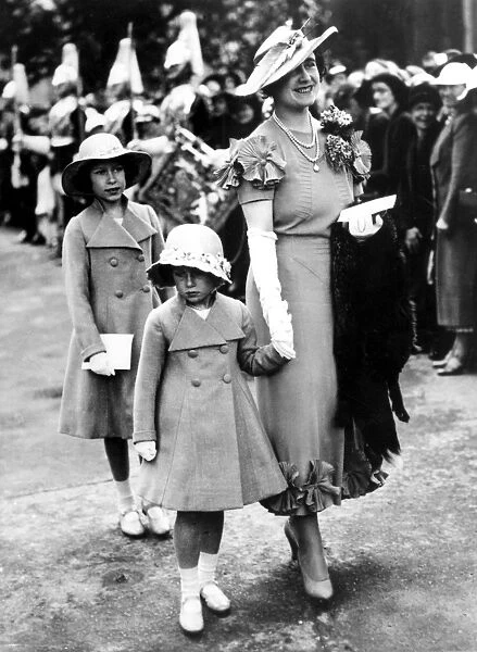 The Queen (as Duchess of York) and her two daughters at the Elphinstone wedding 1936