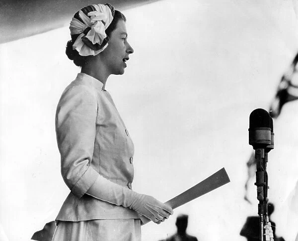 Queen Elizabeth II replying to an address of welcome at Timaru, in the South Island