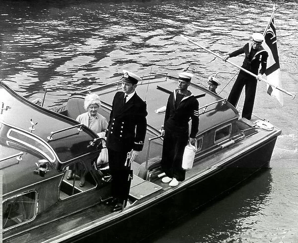The Queen Mother arrives by Royal barge at Portsmouth 28th April 1962