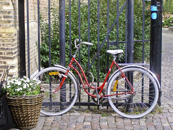 Red bicycle against black iron railings with planter basket of flowers credit