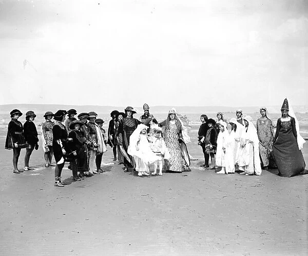 Rehearsing a pageant on Weymouth Sands in aid of the War Emergency Funds of the Waifs