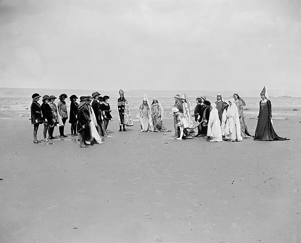 Rehearsing a pageant on Weymouth Sands, Dorset, in aid of the War Emergency Funds