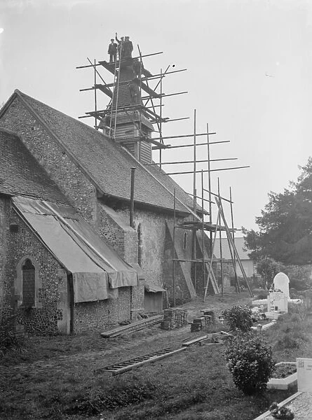 Repairing the roof and spire at Hartley Parish Church in Foots Cray, Kent 1937