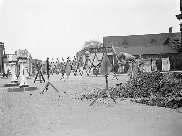 Road barricade for road works in Bromley, Kent. 1937