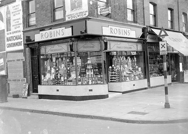 Robins family groces shop in North Eltham, Kent. 1934