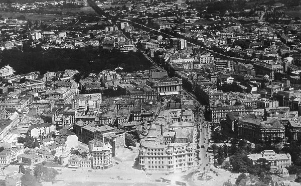 Romania, Bucharest. An aerial view showing the intersection of the Boulevard Bratianu