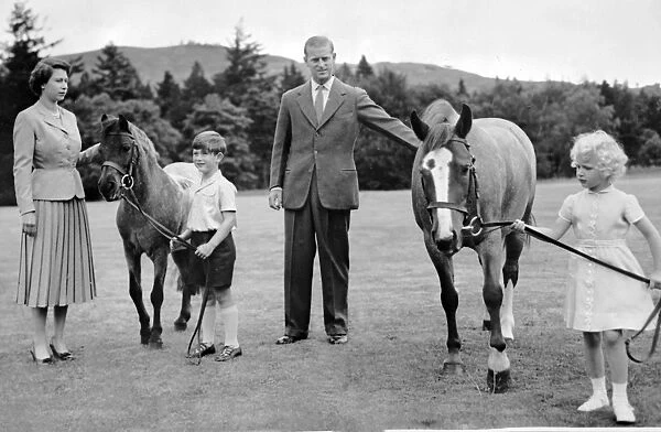Royal Children with their ponies. Queen Elizabeth, Duke of Edinburgh and their children
