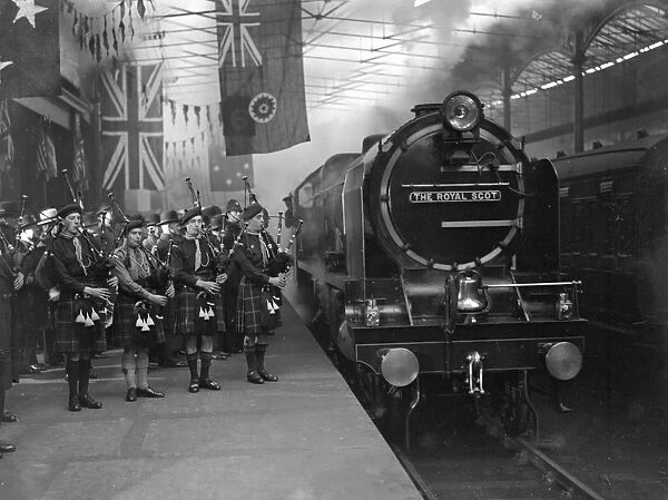 Royal Scot steaming in to Euston, serenaded by the pipes, for her Public Exhibition