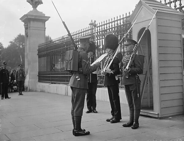 Royal Sussex regiment take over guard duties at Buckingham Palace. The relief at