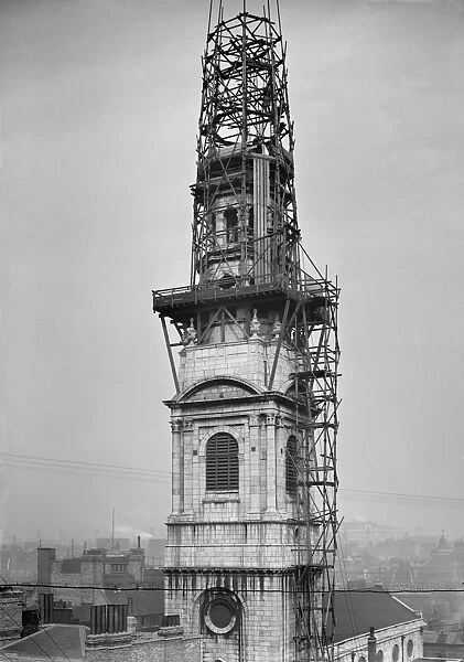 Scaffolding around the tower of St Brides Church, in the City of London, for restoration works