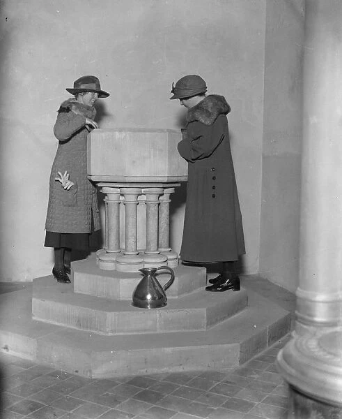 Scene of the Royal christening. The font at Goldsborough Church. 17 March 1923